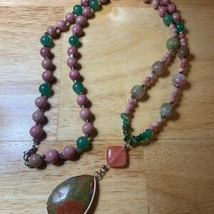 Colorful Pink and Green Beaded Necklace with Pendant